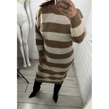 Rochie tricot cu dungi alb cu bej