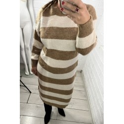 Rochie tricot cu dungi alb cu bej
