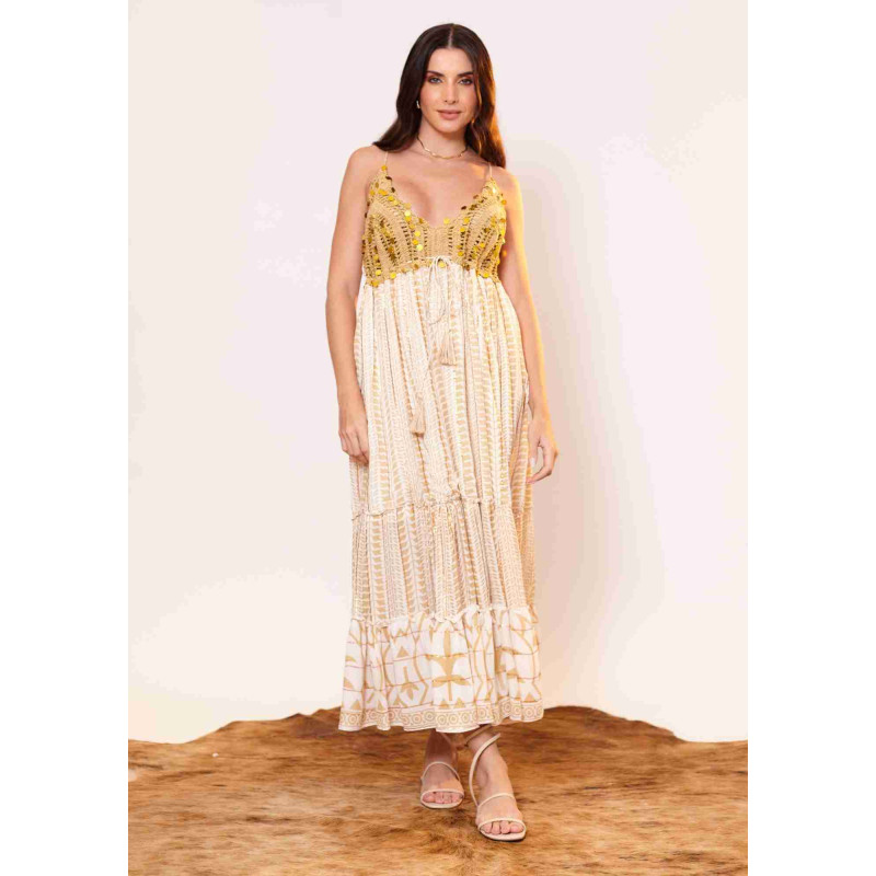 Rochie SUPERPREMIUM BOHO Beige cu Paiete mari