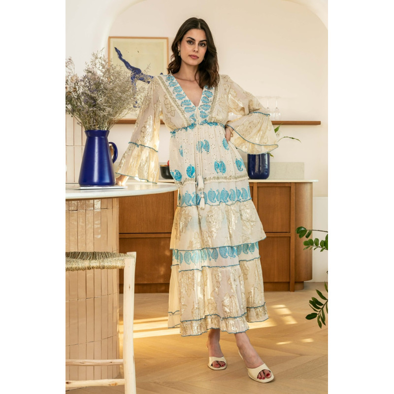 Rochie SUPERPREMIUM Boho cu auriu si broderie albastra