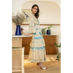 Rochie SUPERPREMIUM Boho cu auriu si broderie albastra