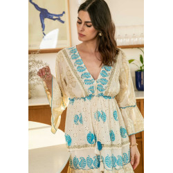 Rochie SUPERPREMIUM Boho cu auriu si broderie albastra