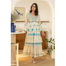 Rochie SUPERPREMIUM Boho cu auriu si broderie albastra