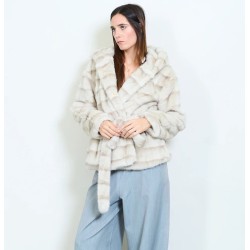 Haina ELEGANSIA blana artificiala cu gluga si capse Beige