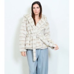 Haina ELEGANSIA blana artificiala cu gluga si capse Beige