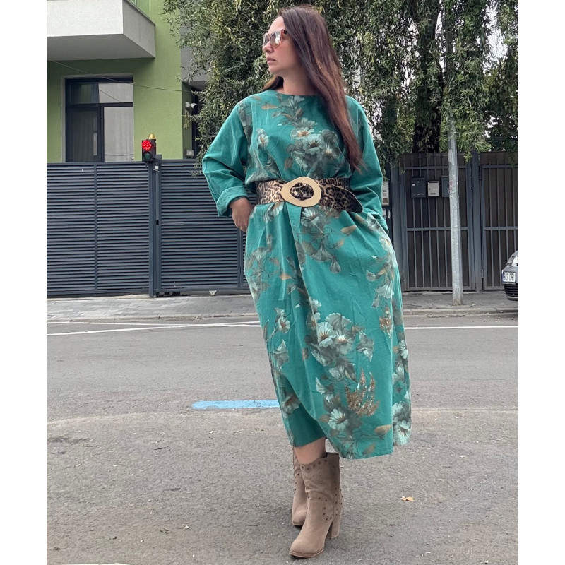 Rochie din velur, turcoaz, cu flori MARIME MARE