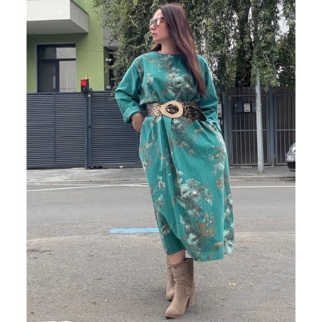 Rochie din velur, turcoaz, cu flori MARIME MARE