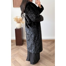 Haina Palton Kintted PREMIUM Blana Black Oversized cu gluga
