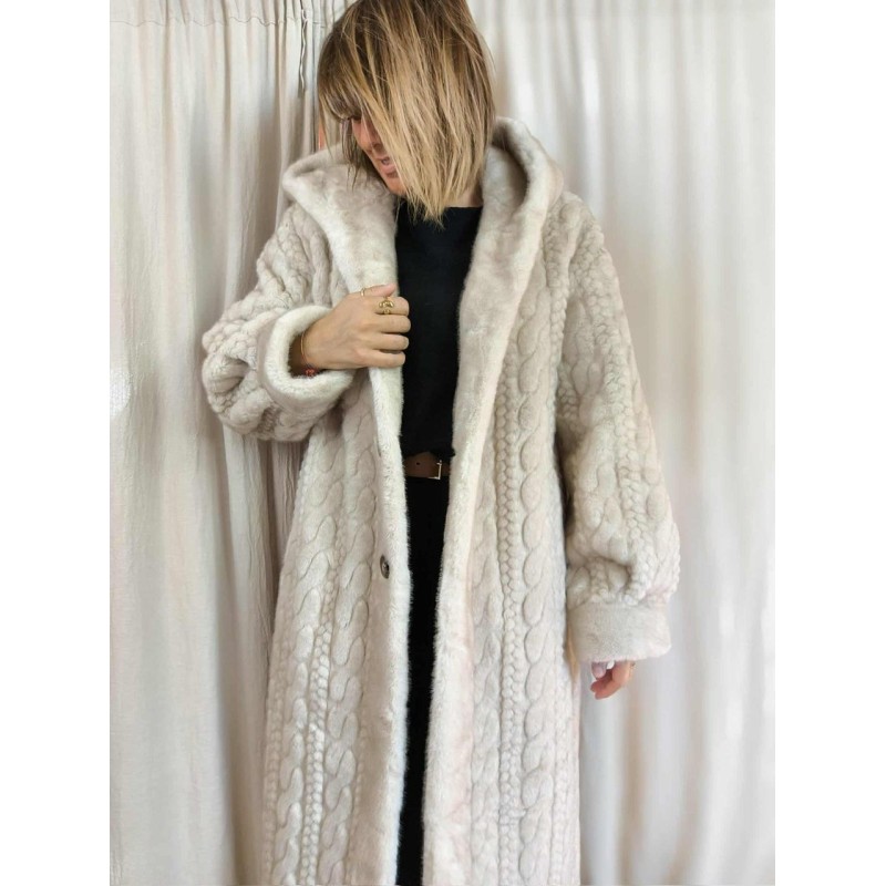 Haina Palton Kintted PREMIUM Blana Bej Oversized cu gluga