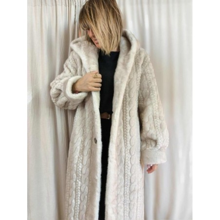 Haina Palton Kintted PREMIUM Blana Bej Oversized cu gluga