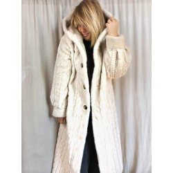 Haina Palton Kintted PREMIUM Blana Bej Oversized cu gluga