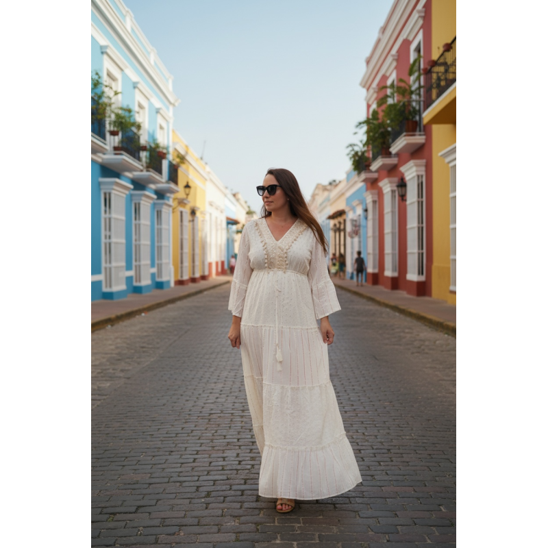 Rochie Boho alba cu broderie, ciucuri si paiete