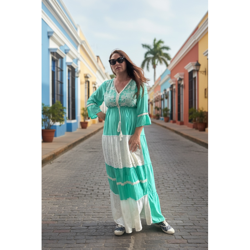Rochie Boho verde turcoaz cu broderie englezeasca