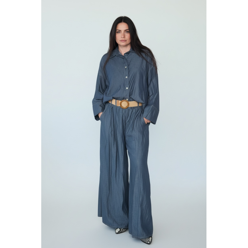 Compleu denim subtire cu centura inclusa blue