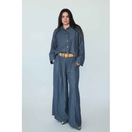 Compleu denim subtire cu centura inclusa blue