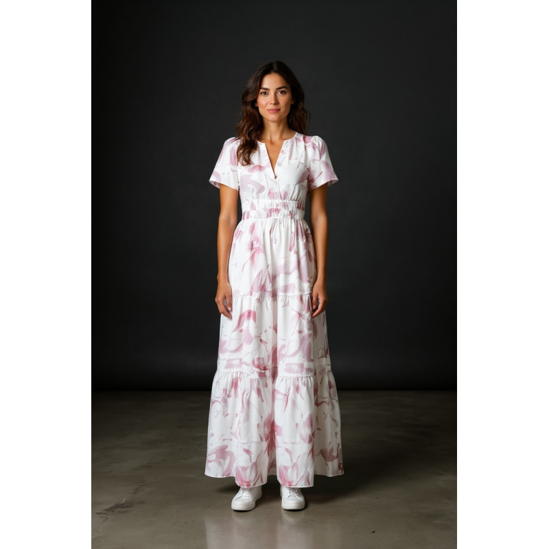 Rochie Poplin alba cu flori delicate marime mare si mica
