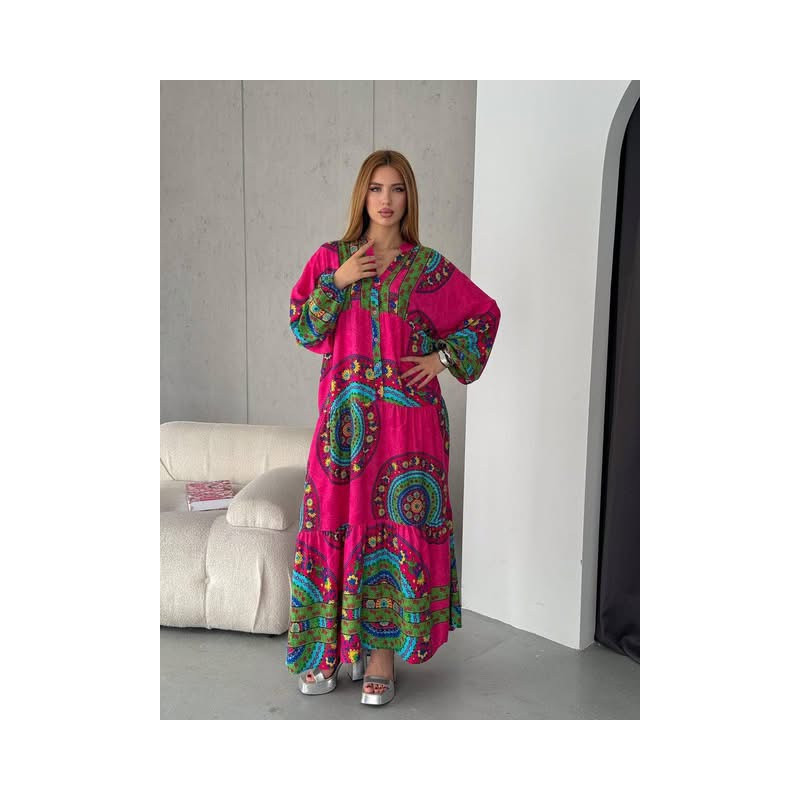 Rochie vascoza Marime Mare fucsia cu imprimeu colorat