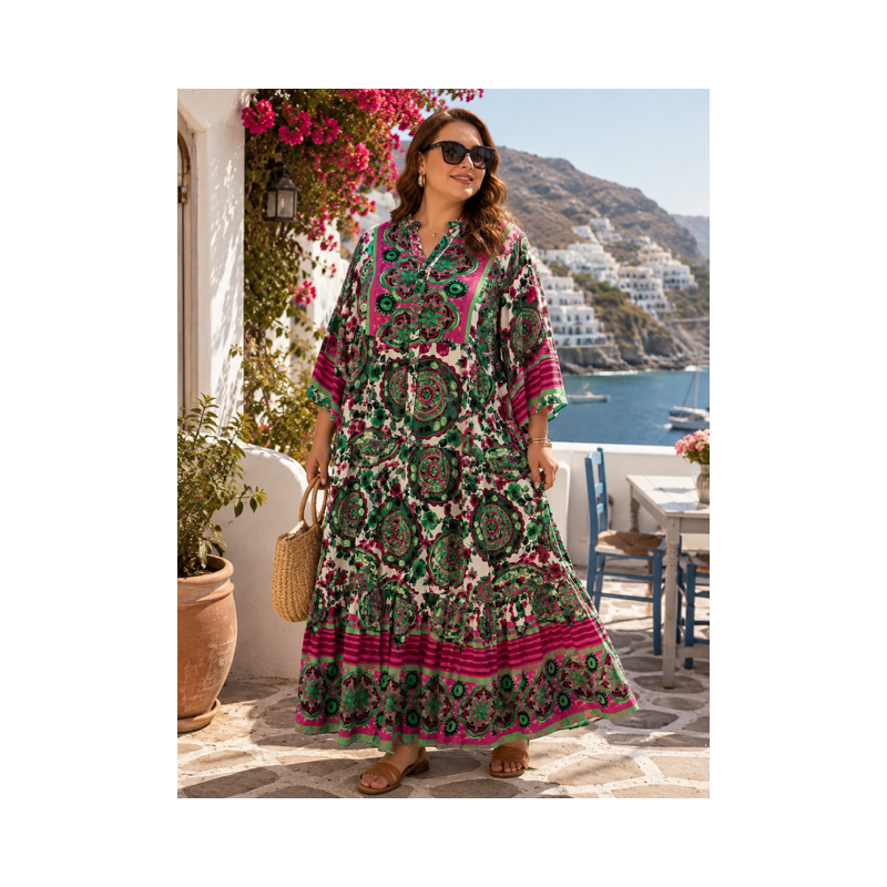 Rochie vascoza Marime Mare verde cu roz