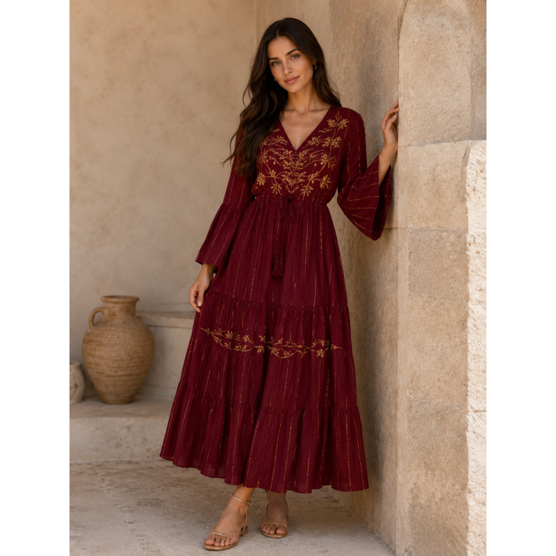 Rochie BOHO Espagnia Burgund cu aplicatii aurii