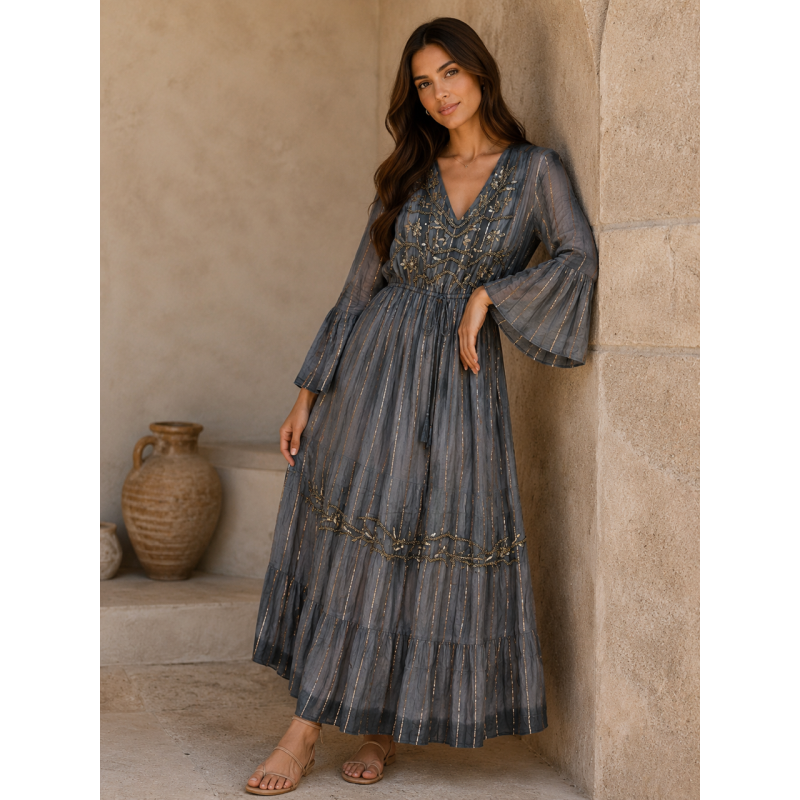 Rochie BOHO Espagnia Gri cu aplicatii aurii