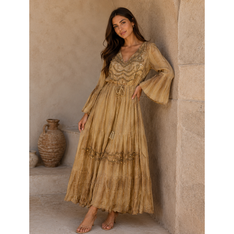 Rochie BOHO Espagnia Beige cu aplicatii aurii