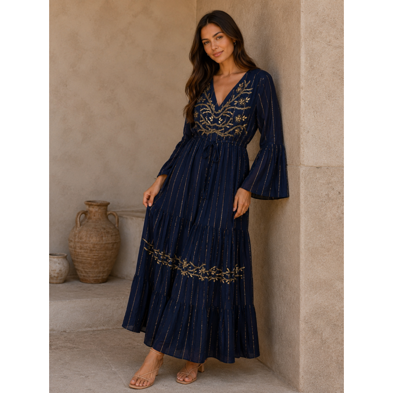 Rochie BOHO Espagnia Bleumarin cu aplicatii aurii