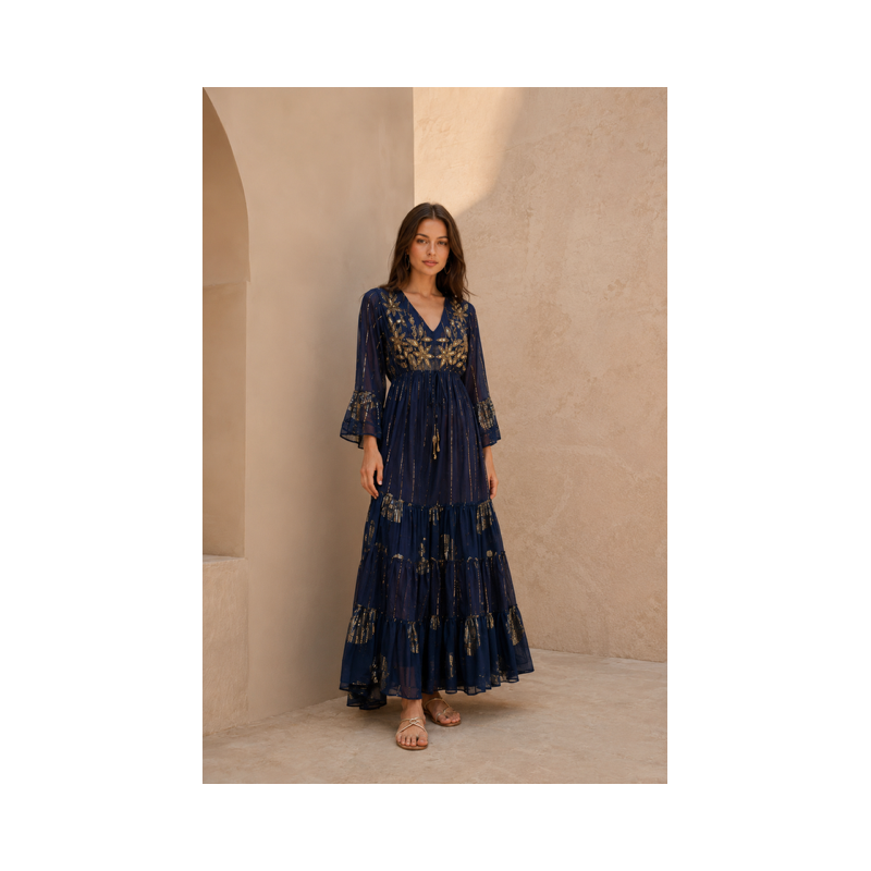 Rochie BOHO Manvi Navy cu aplicatii aurii