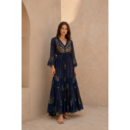Rochie BOHO Manvi Navy cu aplicatii aurii