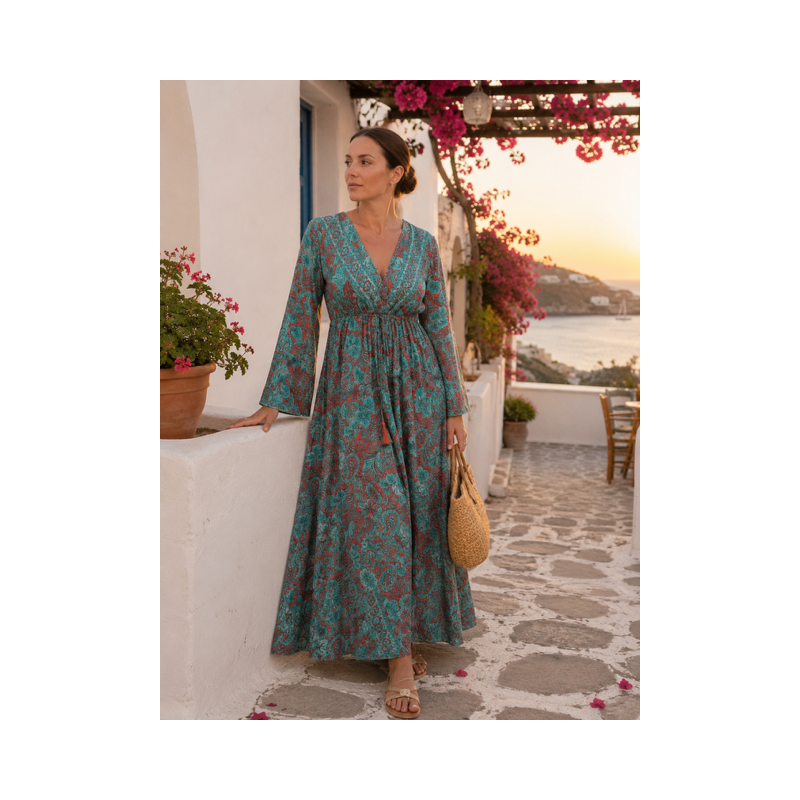 Rochie Boho Art Silk Manvi Verde-turcoaz cu caramiziu