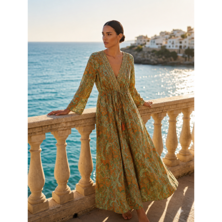 Rochie Boho Art Silk Manvi Verde portocaliu
