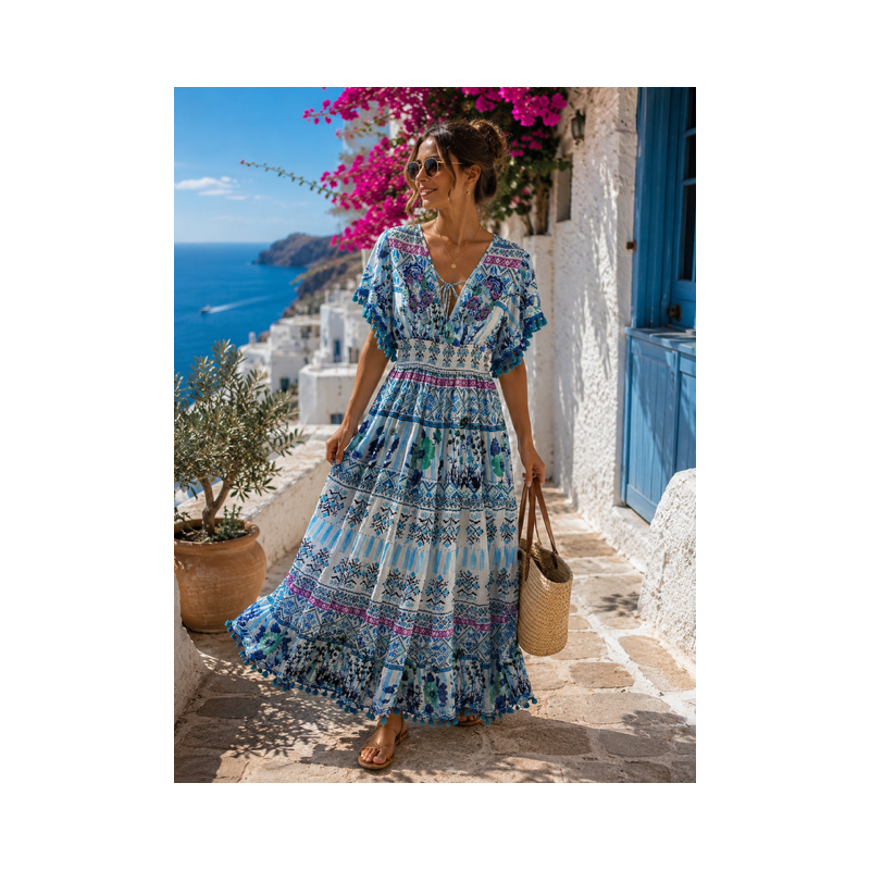 Rochie BOHO Dolce Vita Blue cu margele si ciucuri