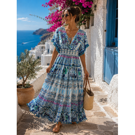 Rochie BOHO Dolce Vita Blue cu margele si ciucuri