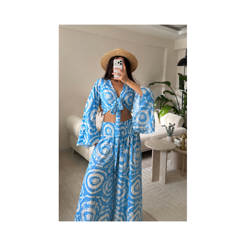 Compleu BOHO Seda cu pantaloni Blue